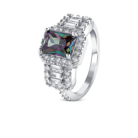 Rainbow stone emerald cut engagement ring baguette ring size 10 - Picture 1 of 3